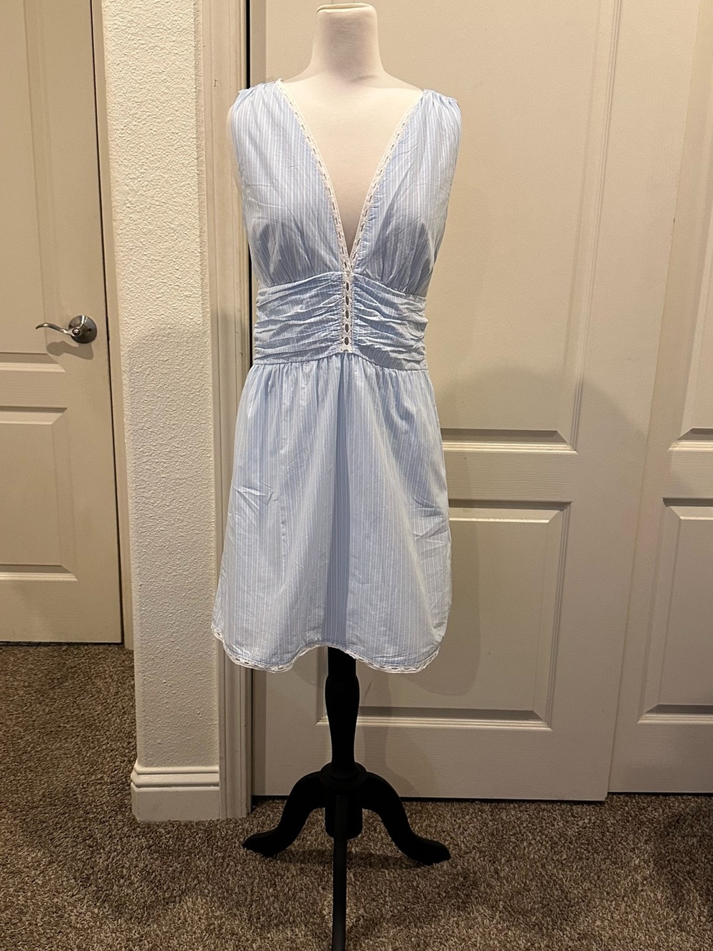 a new day Light Blue and White Pinstripe V-Neck Mini Dress - Picture 1 of 8
